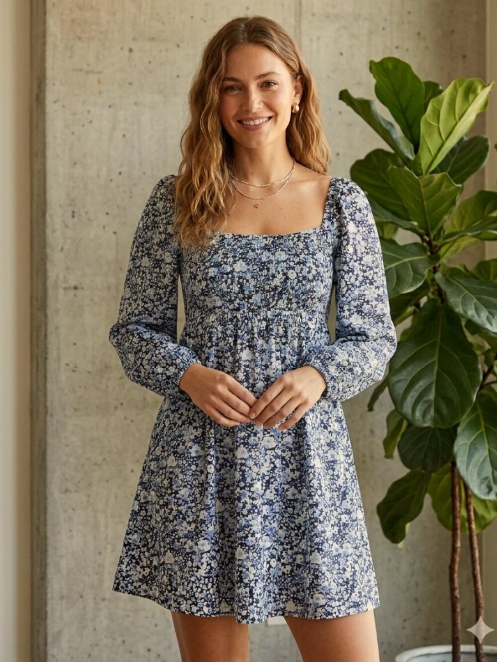 Abercrombie | Blue & Navy Blue Floral Long Sleeve Babydoll Dress | Size Medium